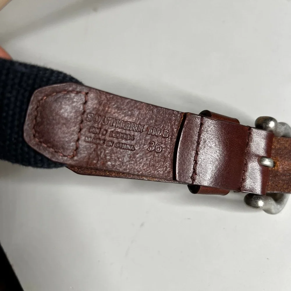 Southern Tide Mens 36 Belt Navy Canvas Yellow Ribbon Skipjack Fish Leather Trim